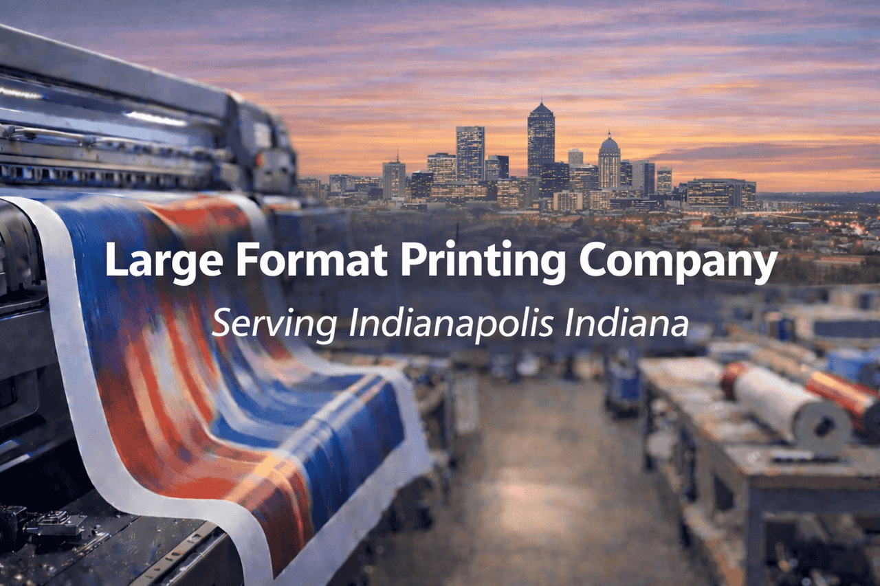 A large printer outputs colorful, abstract prints in a warehouse. Text on the image reads “Large Format Printing Company - Serving Indianapolis Indiana.” The Indianapolis skyline glows under a vibrant sunset, showcasing premium large format printing services. 