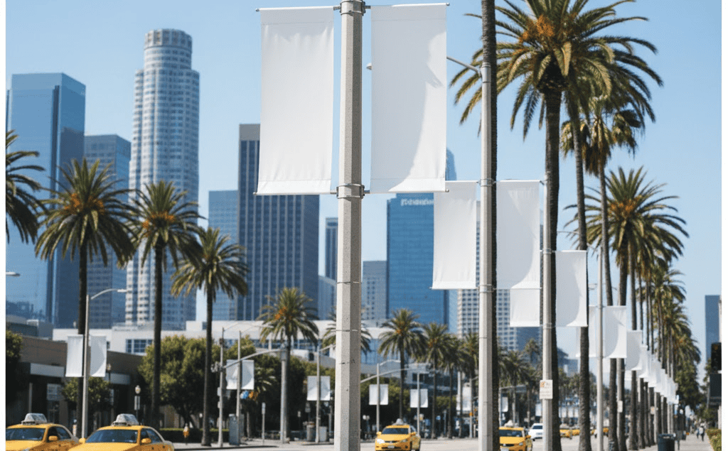 A row of blank white light pole banners hangs on lamp posts along a palm-lined street in Los Angeles. Several yellow taxis drive by, with modern skyscrapers, blue skies, and lush greenery in the background.
