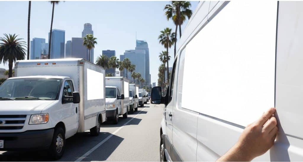 A row of white delivery vans lines a Los Angeles street bordered by palm trees, with skyscrapers in the background. A person’s hand is seen placing a blank Magnet Banner on the side of the nearest van under clear skies.