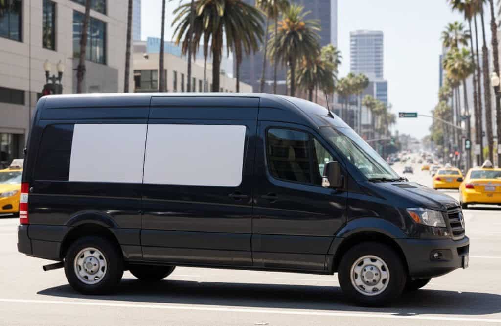 A black cargo van with tinted windows and a blank white panel, perfect for Magnetic Banners, is parked on a sunny Los Angeles street lined with palm trees and tall buildings. Yellow taxis and traffic in the background highlight the vibrant city atmosphere.