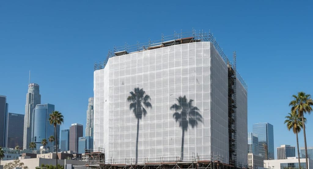 A large Los Angeles building under construction is wrapped in white mesh banners. Two tall palm tree shadows are cast on the netting, while blue sky and modern downtown high-rises rise in the background. Palm trees line the foreground.