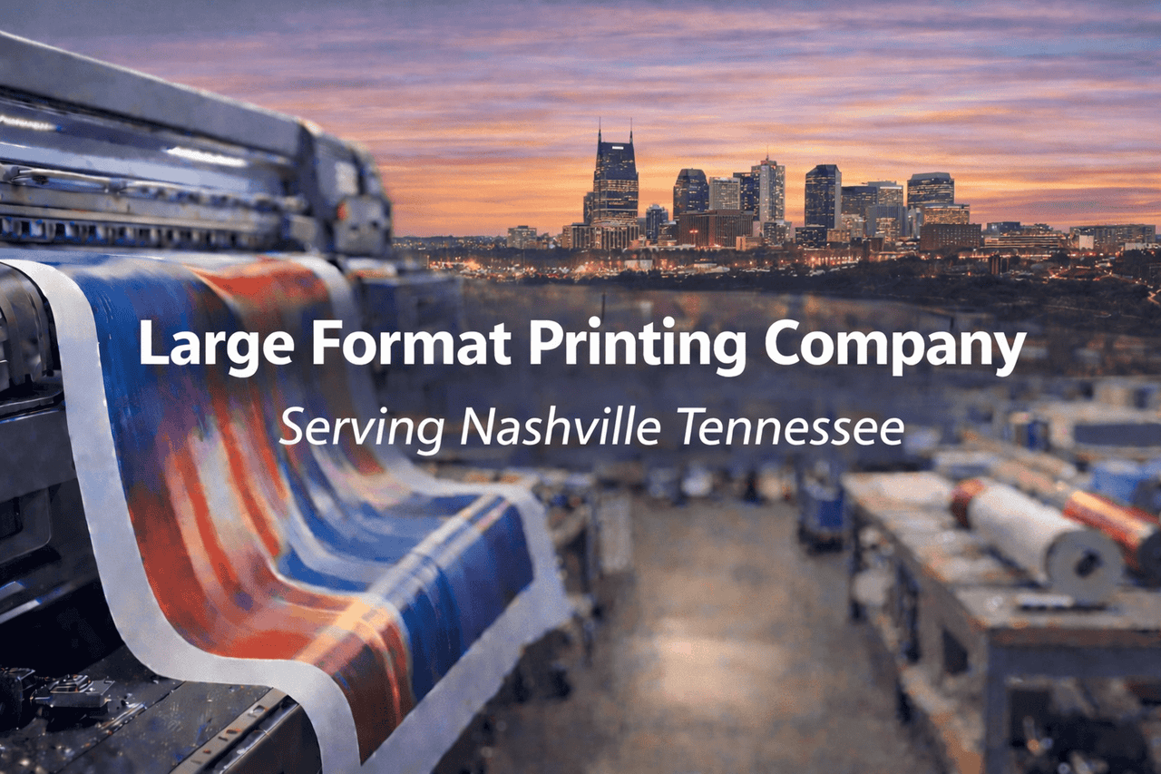 A large format printer produces a vibrant, abstract print in a factory. The blurred Nashville skyline is visible in the background under a sunset sky. Bold text reads: “Large Format Printing Company Serving Nashville, Tennessee.”. 