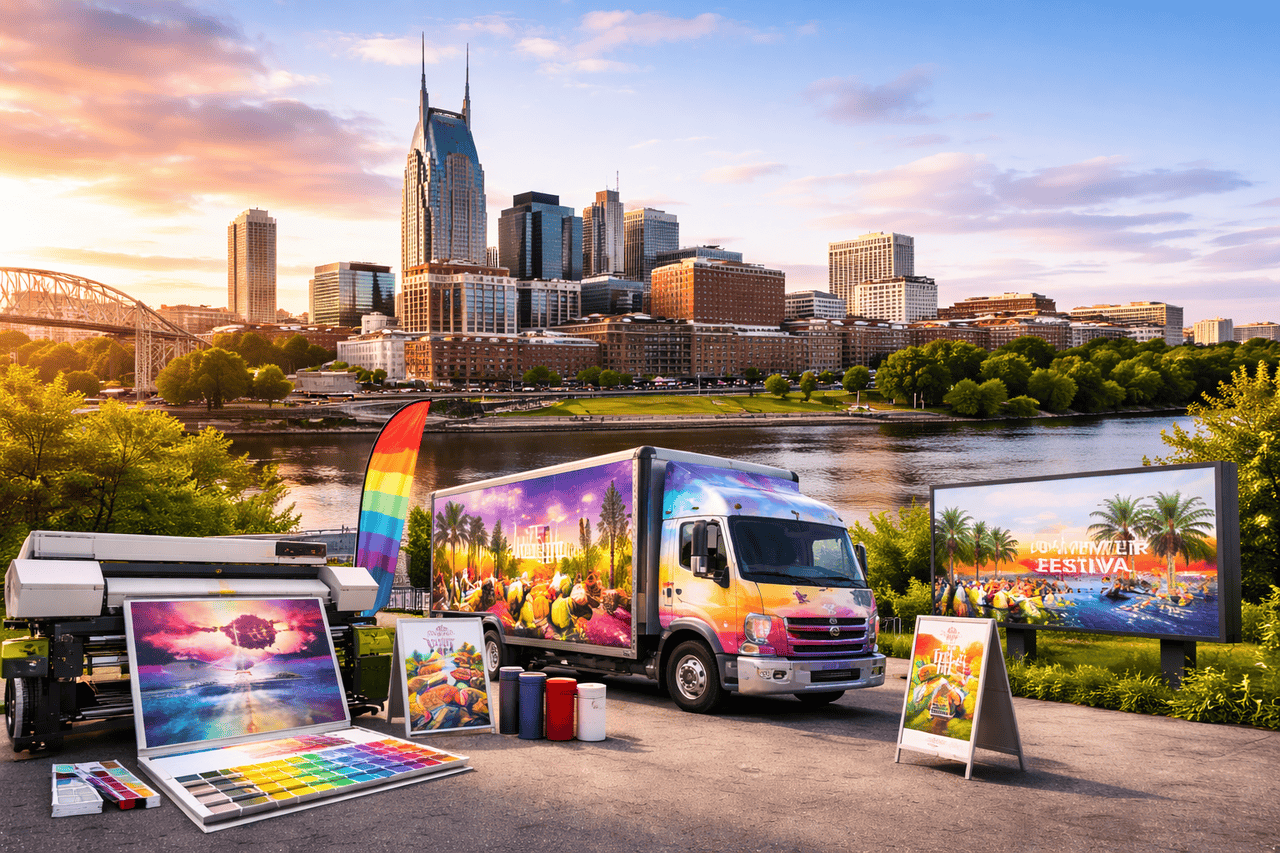 A colorful Nashville Printing shop truck, banners, and signs with vibrant summer festival graphics are set up by a river at sunset, with Nashville Tennessee’s skyline and the AT&T Building in the background. A large printer and ink rolls are in the foreground.