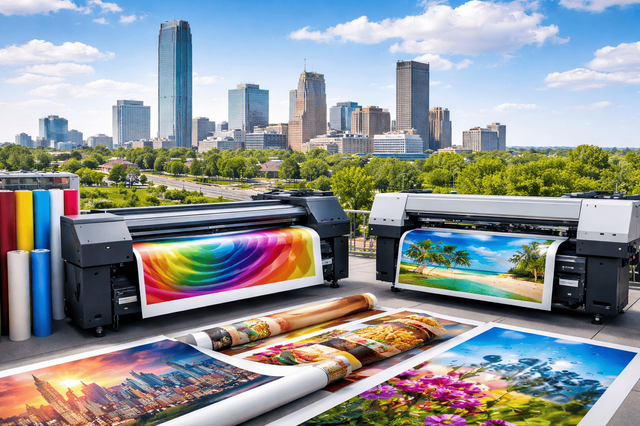 Two large format printing machines print vibrant posters on a rooftop in Oklahoma City, with skyscrapers and trees in the background. Rolled and unrolled posters display rainbow swirls, tropical beaches, food, flowers, and cityscapes.
