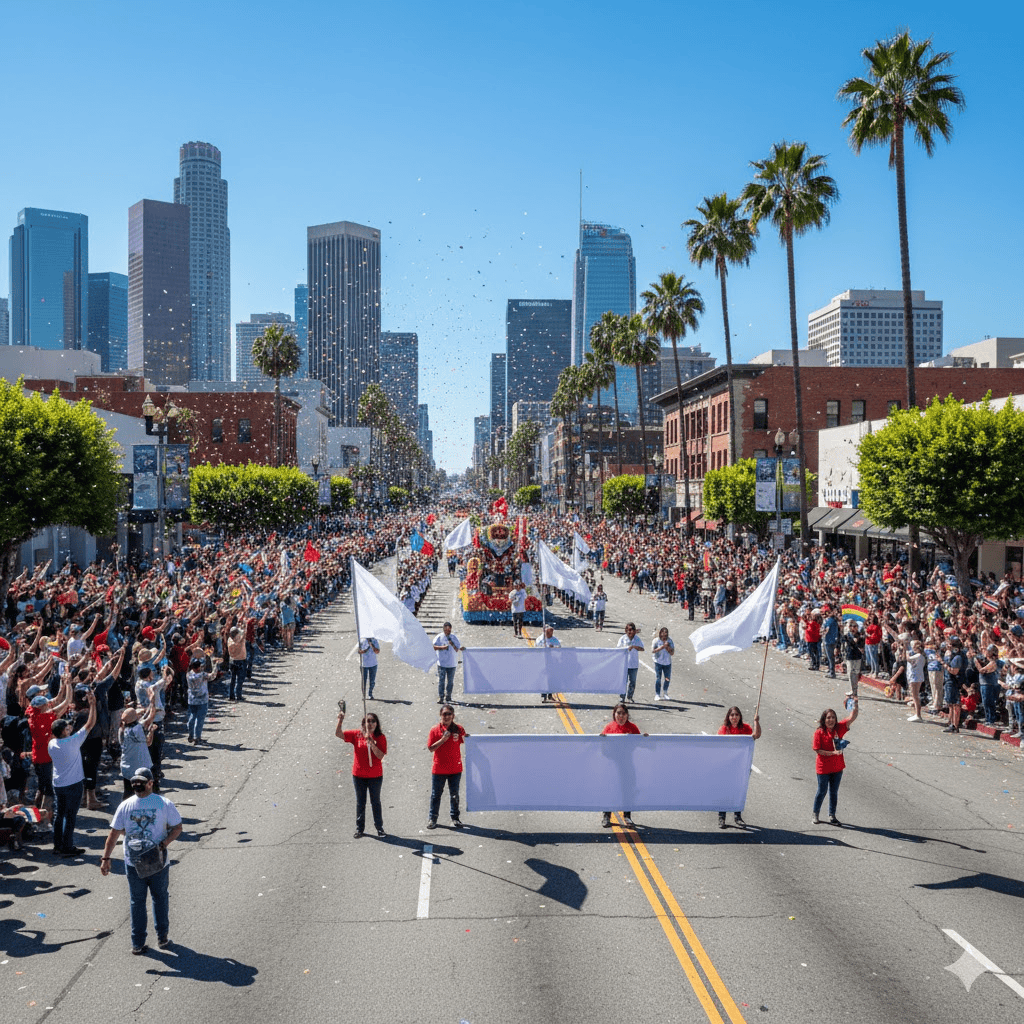 A vibrant city parade in Los Angeles features people holding colorful parade banners and flags as they walk down a wide street lined with cheering crowds. Tall palm trees and skyscrapers shine under a clear blue sky, with confetti floating above the festivities.