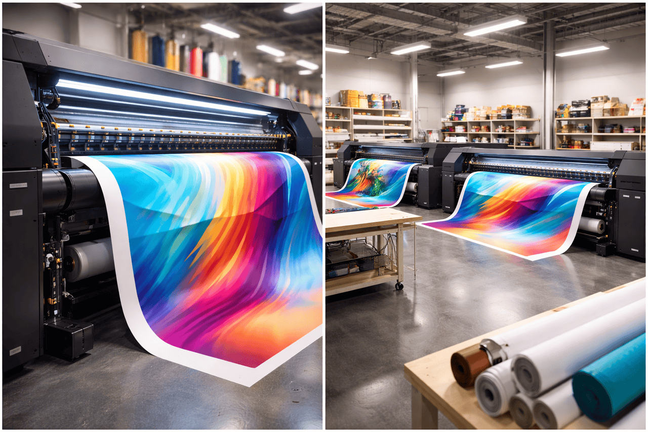 Two large-format printers produce vibrant, abstract rainbow prints in a spacious, well-lit Philadelphia print shop. Shelves with colorful material line the back wall, while an organized worktable and paper rolls complete this hub for large format printing.