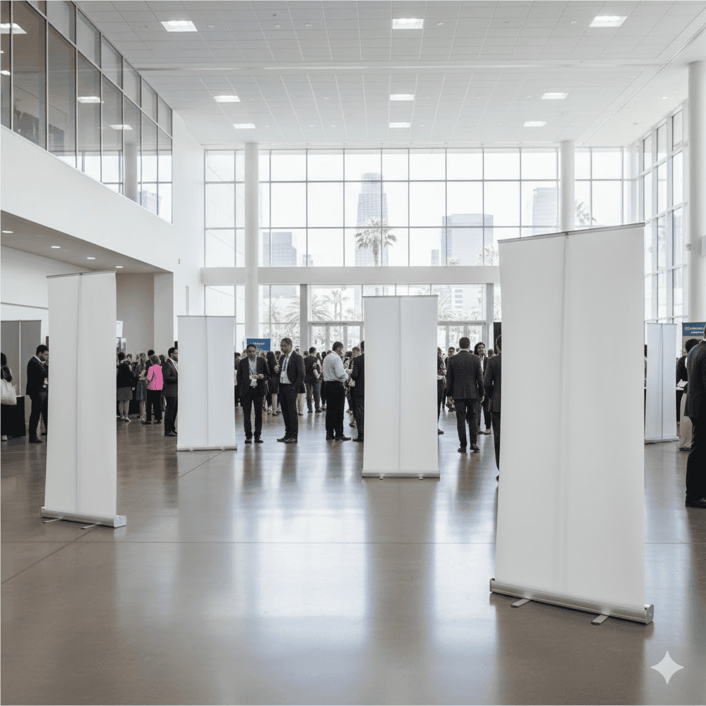 A spacious, modern convention hall in Los Angeles with tall windows letting in natural light. Groups of people in business attire gather near white Pop Up Banners. City skyscrapers and palm trees are visible through the windows in the background.