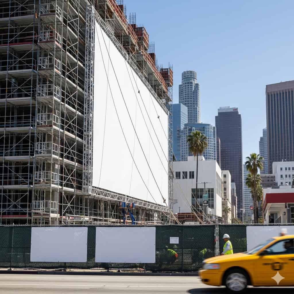 A large, blank white billboard—ideal for PVC banners—is mounted on scaffolding beside a building under construction in Los Angeles. Workers in safety vests stand below as a yellow taxi passes, with skyscrapers and palm trees under a clear sky.