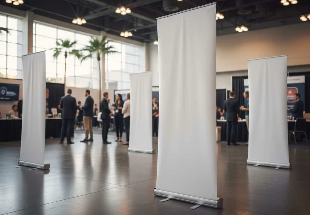 A spacious convention hall in Los Angeles features groups conversing near booths. Several blank, retractable banners are displayed prominently in the foreground, while large windows, ceiling lights, and palm plants enhance the modern setting.