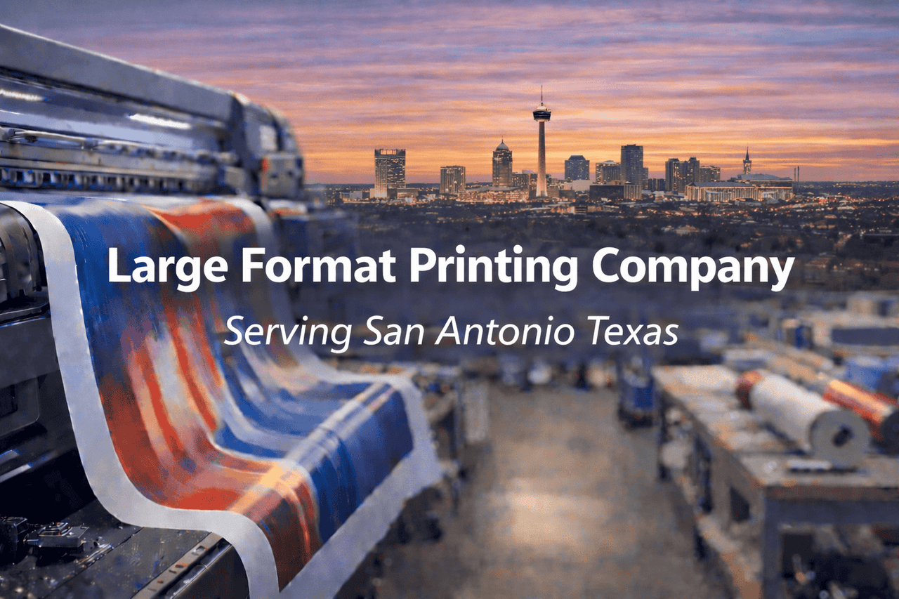 A large format printer produces vibrant material in the foreground, set against a blurred industrial workspace and the San Antonio skyline at sunset. Overlay text reads: 