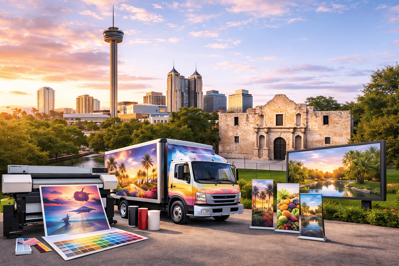 A colorful large format printing shop setup outdoors in front of the Alamo in San Antonio, Texas, with a vivid delivery truck, landscape and fruit canvases, and city skyscrapers under a sunset sky featuring the Tower of the Americas.