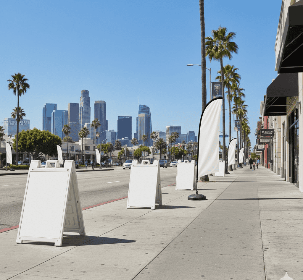 A sunny Los Angeles city street with palm trees, blank white sandwich boards, and colorful sidewalk banners lining the walkway. Modern skyscrapers rise in the background under a clear blue sky, with few cars on the calm, clean road.
