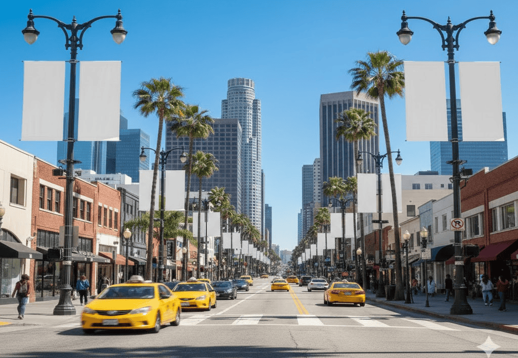 A sunny Los Angeles city street lined with palm trees and tall buildings, featuring multiple yellow taxis driving along the road. Pedestrians walk on both sidewalks, and white street banners hang from lampposts above the clear blue sky.