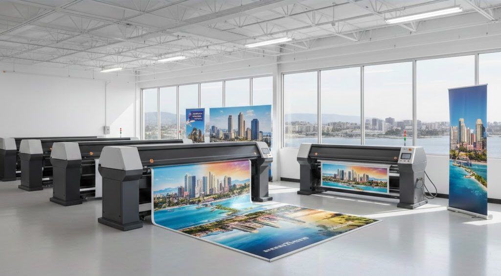 A bright, spacious print shop in San Diego with large format printing produces vibrant cityscape posters. Floor-to-ceiling windows reveal an urban skyline. One finished poster stands on display, while another unrolls from a printer onto the floor.