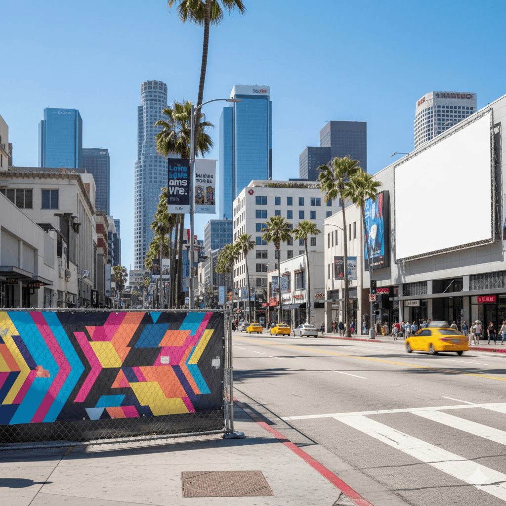 A sunny Los Angeles city street with palm trees, a colorful geometric mural on a fence, yellow taxis passing by, and tall skyscrapers in the background. Pedestrians stroll wide sidewalks; one building displays a large blank vinyl banner.