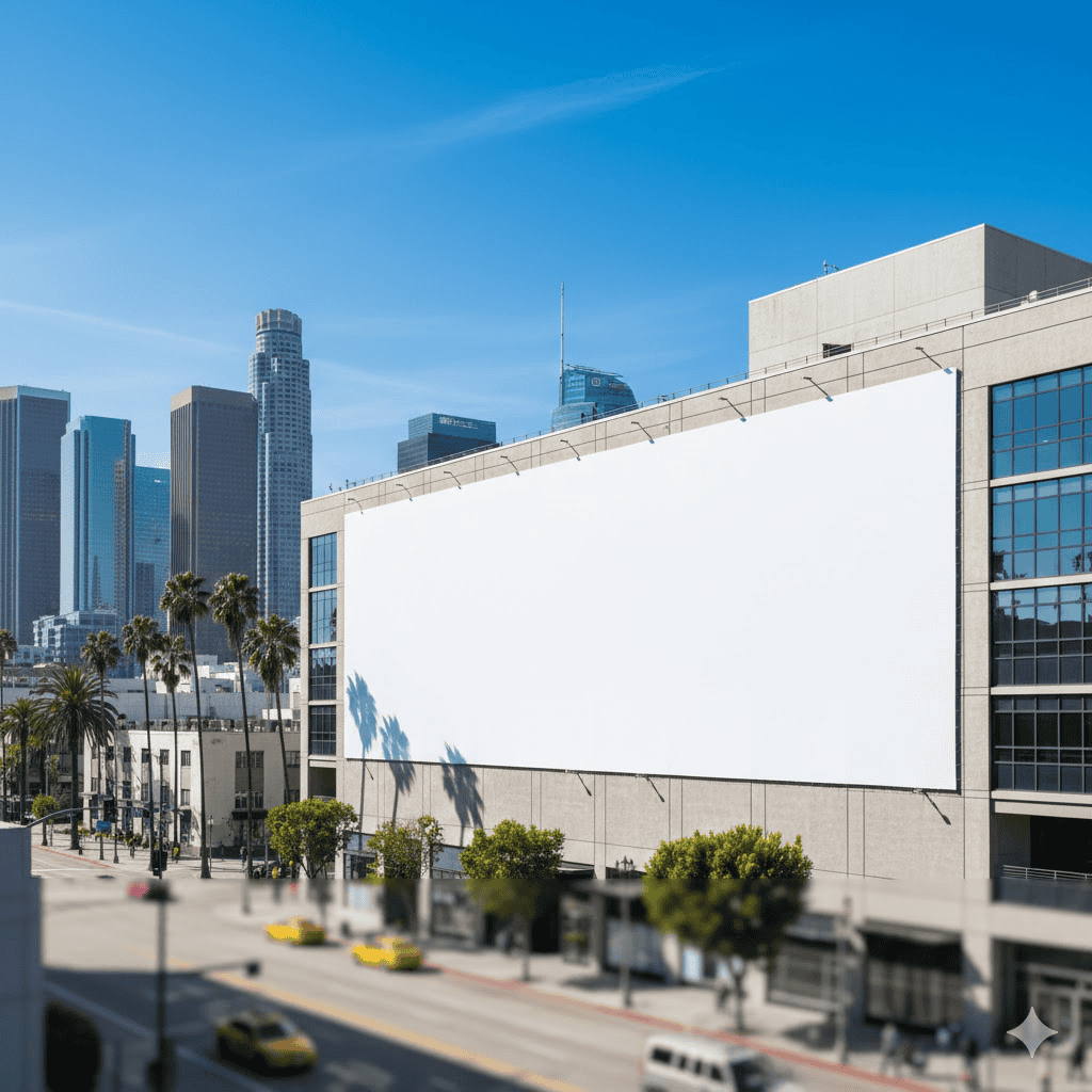 A large blank white wall banner is attached to the side of a modern building in Los Angeles. Skyscrapers, including a tall glass tower, rise in the background, while palm trees and yellow taxis line the sunny street below.