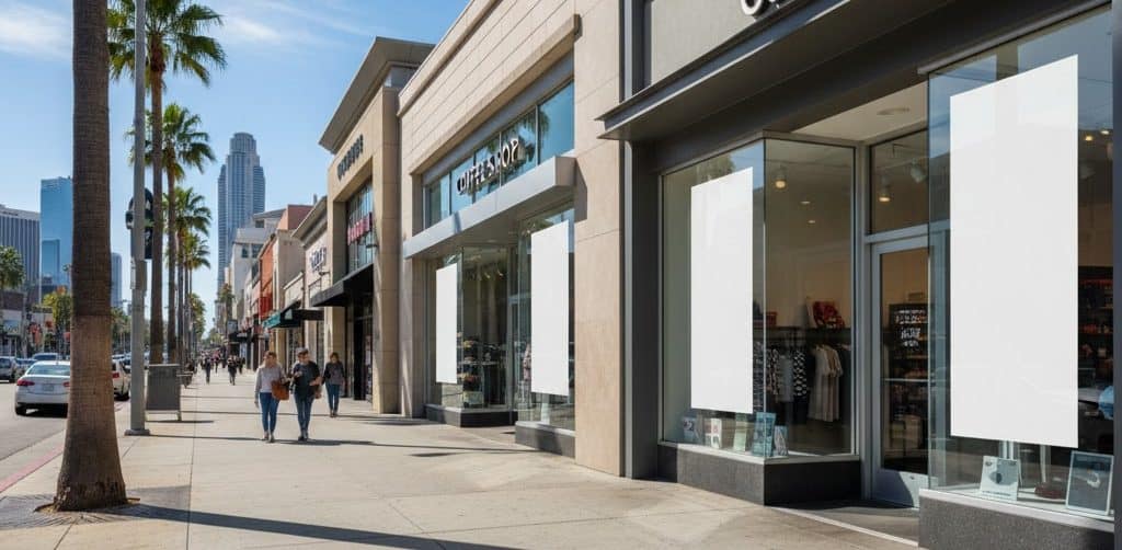 A storefront on a Los Angeles street displays vibrant window cling banners, catching the eye of passersby and adding charm to the bustling city scene.