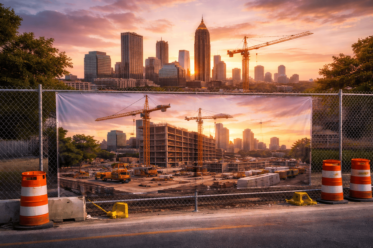 A cityscape at sunset in Atlanta, GA, with skyscrapers and cranes; a chain-link fence features construction banners showing the same scene under development. Orange traffic barrels and yellow barricades line the street before the fence.