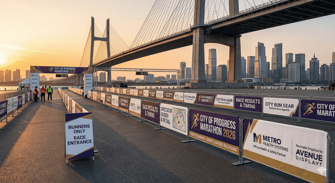 City of Progress Marathon 2026 start area at sunrise near a cable-stayed bridge and city skyline in Brentwood. Branded barricades and Business Printing signage mark the course, with sponsor logos from Metro Health Systems and Avenue Displays.