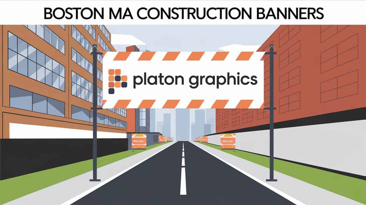 Illustration of a Boston city street with buildings on both sides, orange-and-white striped construction banner displaying the Platon Graphics logo, and smaller banners along the sidewalks; text above reads “Boston MA Construction Banners.