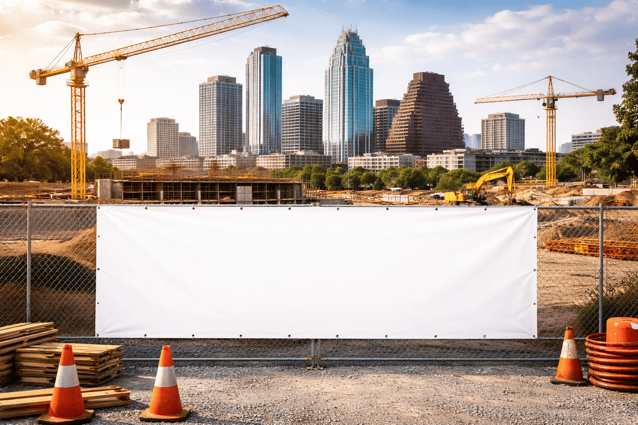 A construction site in Austin, TX with cranes and equipment is enclosed by a chain-link fence displaying large blank construction banners. Orange traffic cones and stacked wood sit in front, while modern skyscrapers rise in the background under a blue sky.