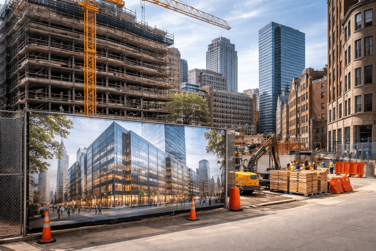 A city construction site in Boston, MA with a high-rise building under construction, covered in scaffolding. A large construction banner shows a rendering of the finished glass-fronted building. Cranes and modern skyscrapers rise in the background.