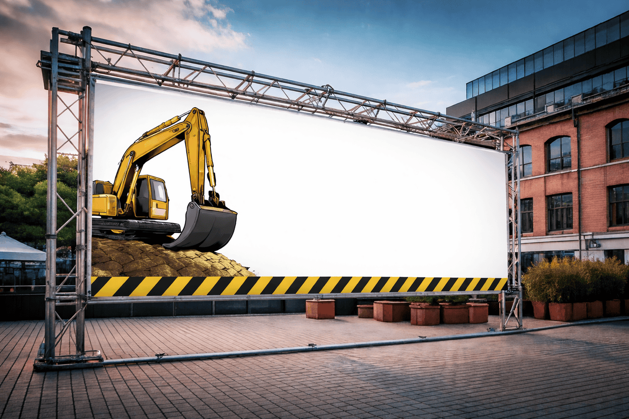 A large outdoor billboard in Charlotte NC on a metal frame displays an illustration of a yellow excavator digging dirt, with a striped caution border along the bottom—an eye-catching addition to the courtyard’s construction banners at sunset.