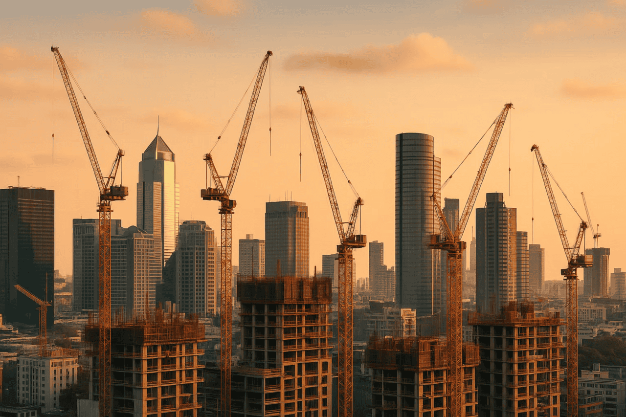 A city skyline at sunset in Chicago, IL, features multiple high-rise buildings under construction with towering cranes and construction banners. Finished skyscrapers with glass facades rise in the background beneath a soft orange sky scattered with clouds.