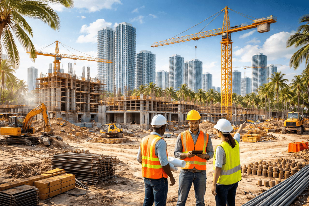Three construction workers in safety gear discuss plans at a busy Miami FL construction site, with cranes, unfinished buildings, and palm trees. Tall city skyscrapers and Construction Banners rise in the background under a sunny blue sky.