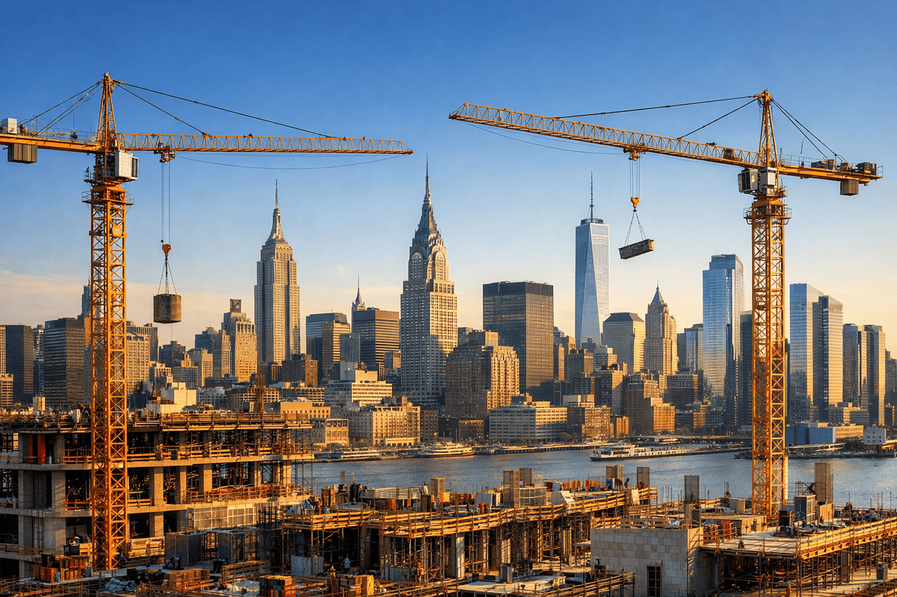 Two large yellow construction cranes operate over a busy construction site, with New York City’s skyline, including the Empire State Building and One World Trade Center, visible in the background on a clear, sunny day.