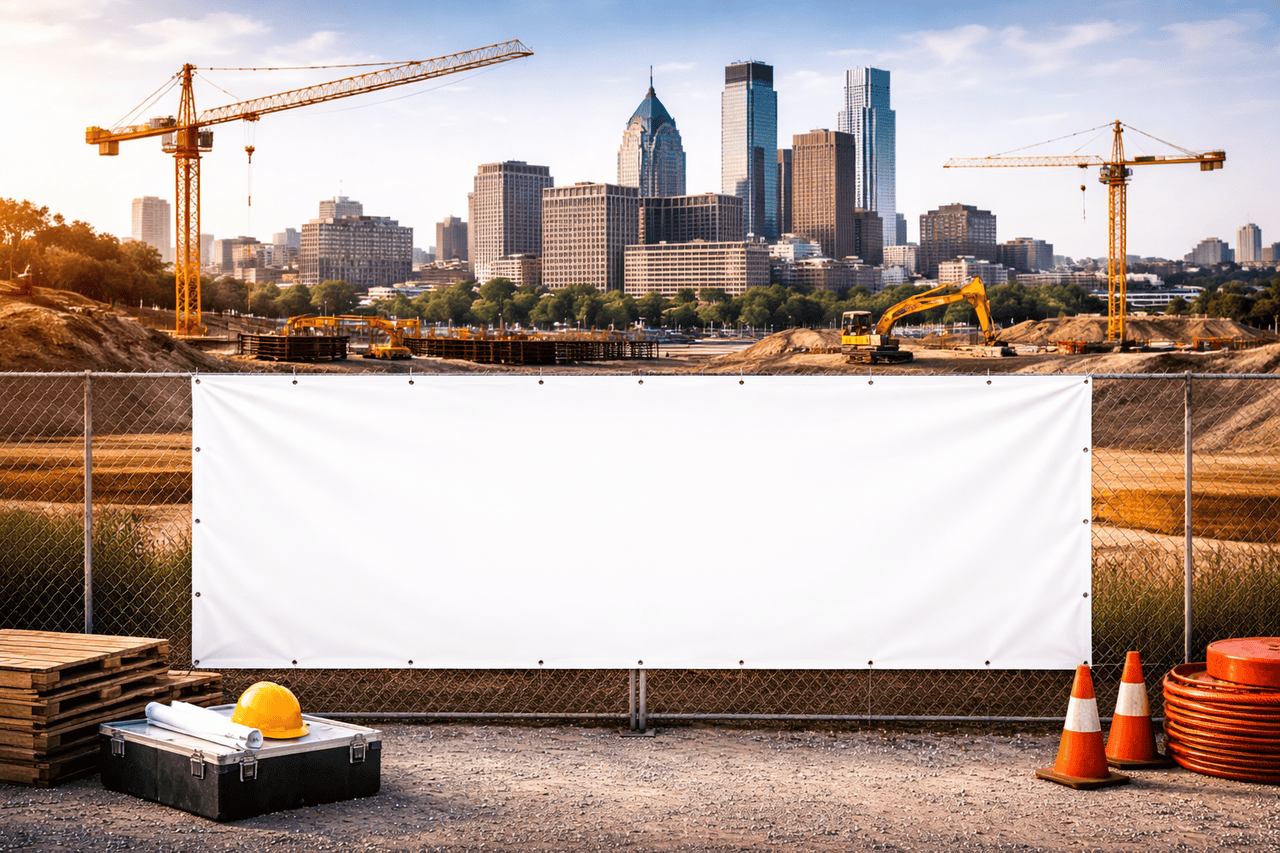 A construction site with cranes and machinery in front of a city skyline. A large, blank white banner hangs on a chain-link fence. In the foreground are traffic cones, a toolbox, a yellow hard hat, and stacked wooden boards under a blue sky.