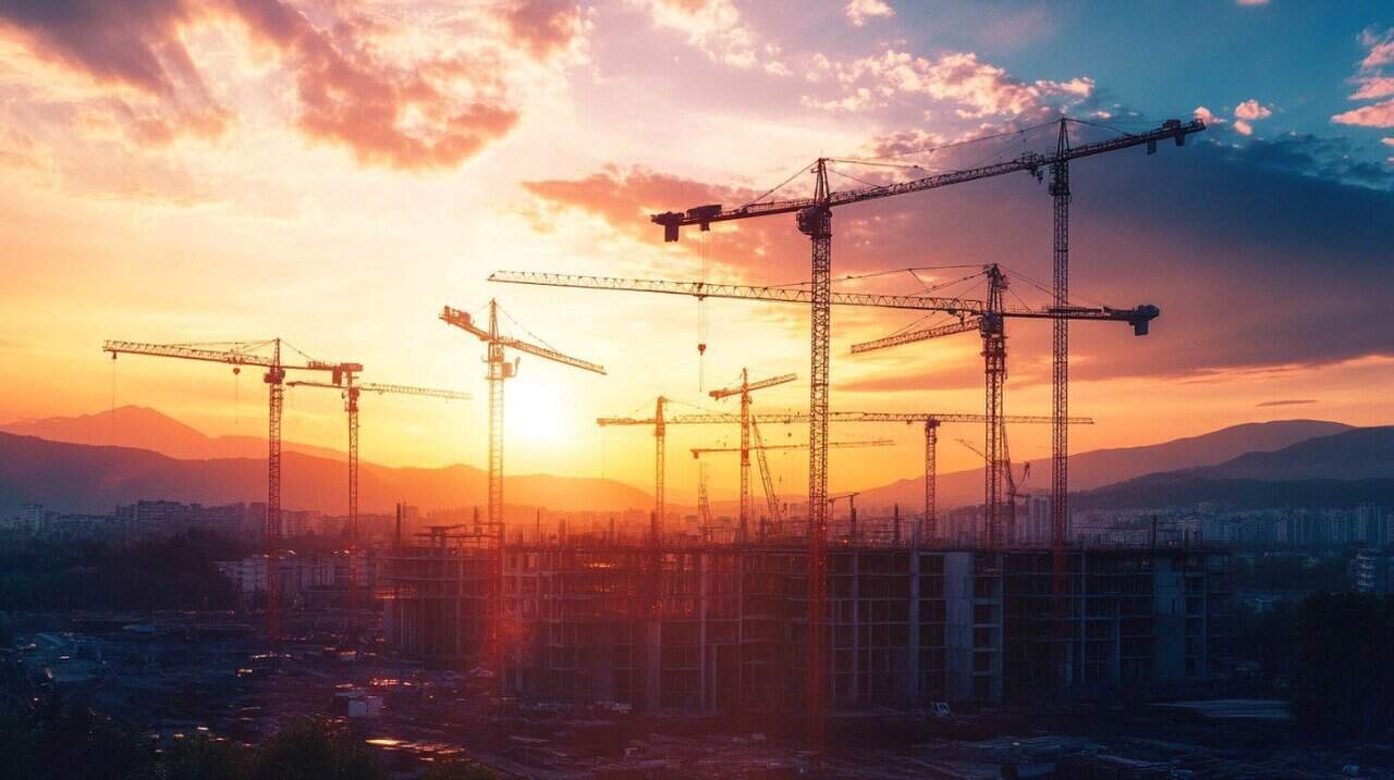 Several tall construction cranes tower over a building site at sunset, silhouetted against a colorful sky. The unfinished structures and cityscape highlight the active service areas below, with distant mountains in the background.