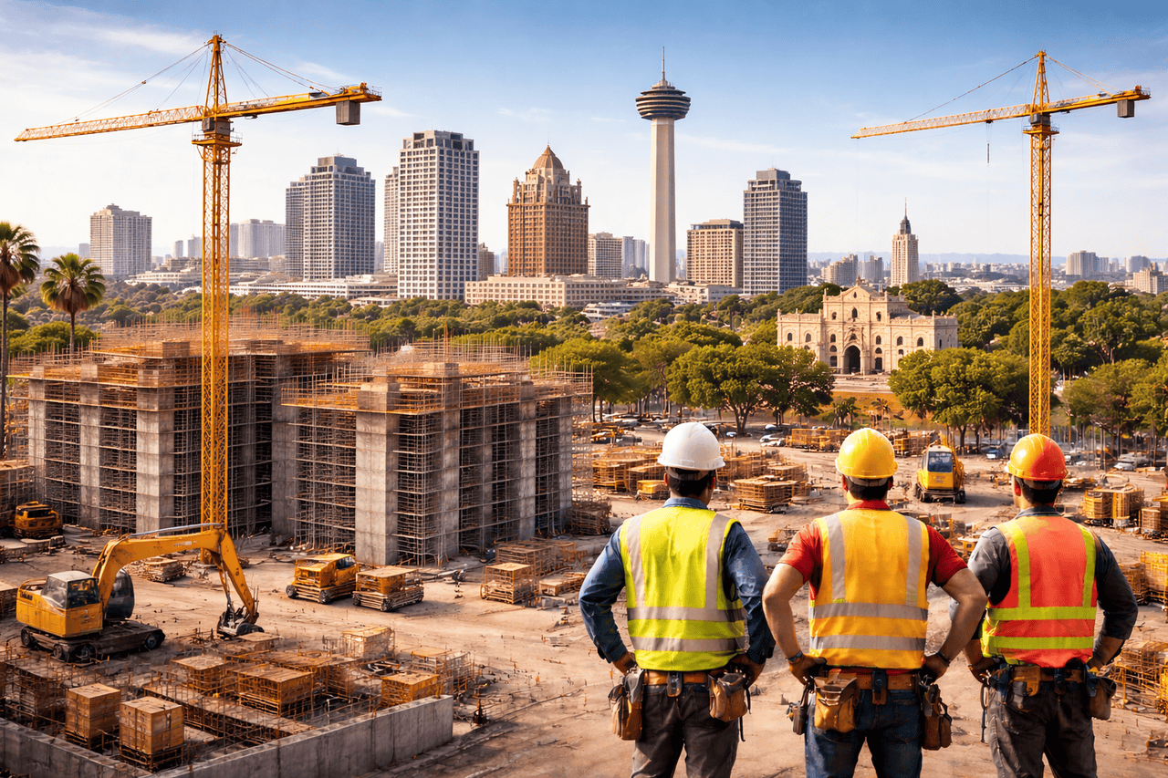 Three construction workers in safety vests and helmets overlook an urban construction site with cranes, building frames, and excavators. A city skyline and a historic-looking church are visible in the background under a blue sky.