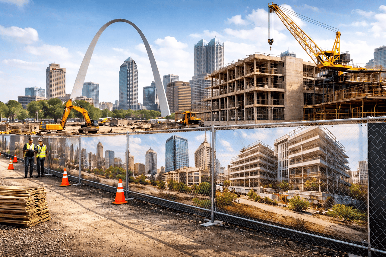 A construction site in front of the Gateway Arch and St. Louis skyline. Workers in vests stand near cranes, excavators, and unfinished buildings. A fence with an image of the finished project and orange cones lines the site under a blue sky.