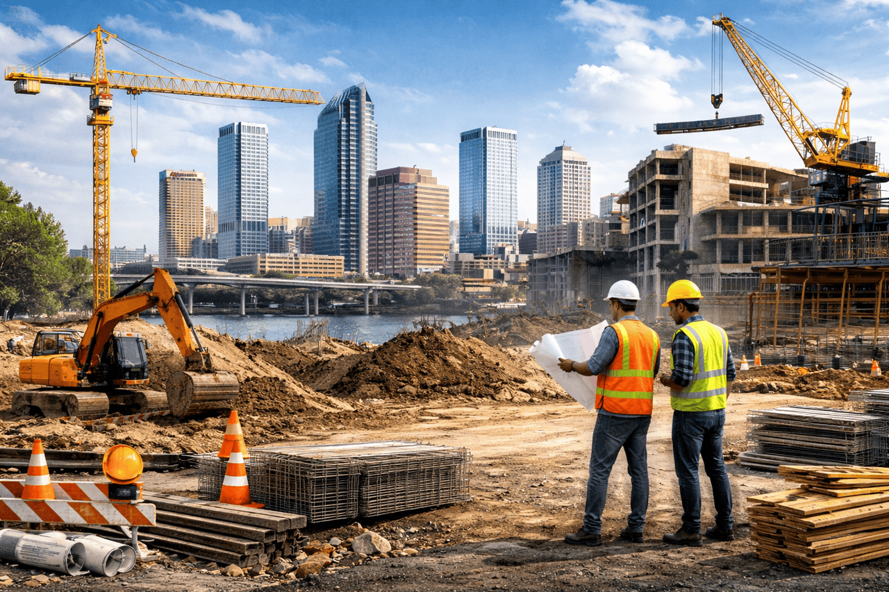 Two construction workers in safety gear review blueprints on a busy construction site within designated service areas, surrounded by cranes, machinery, and building materials. High-rise buildings and a river are visible under a blue, partly cloudy sky.