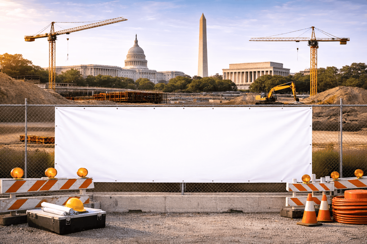 A large blank white banner hangs on a fence at a construction site in Washington, D.C., with the U.S. Capitol, Washington Monument, and Lincoln Memorial visible in the background. Construction equipment, cranes, and traffic barriers are in the foreground.