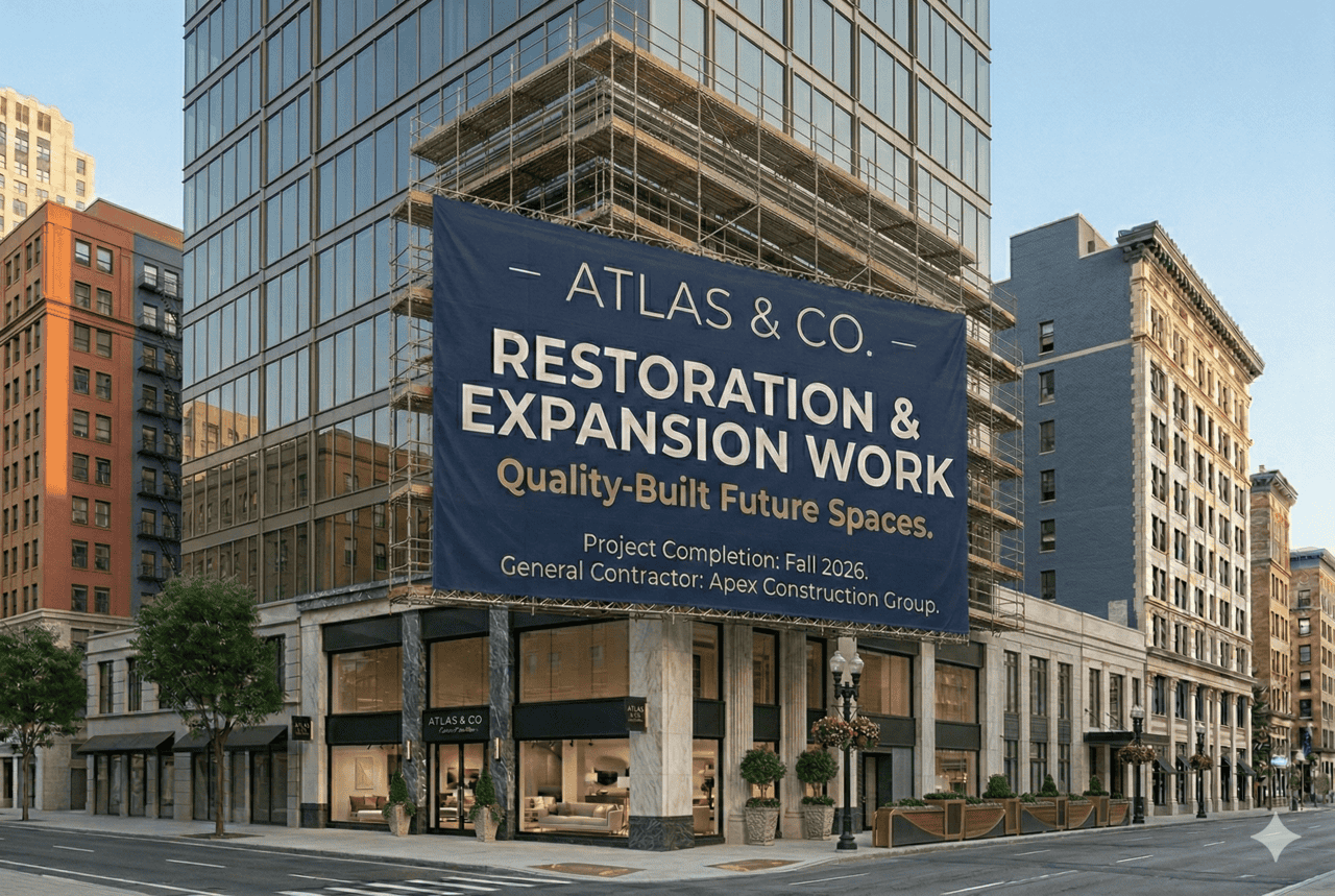A large blue and white business printing banner reading “ATLAS & CO. RESTORATION & EXPANSION WORK Quality-Built Future Spaces” hangs on scaffolding outside a modern Brentwood high-rise. The sign notes project completion in Fall 2026 by Apex Construction Group.