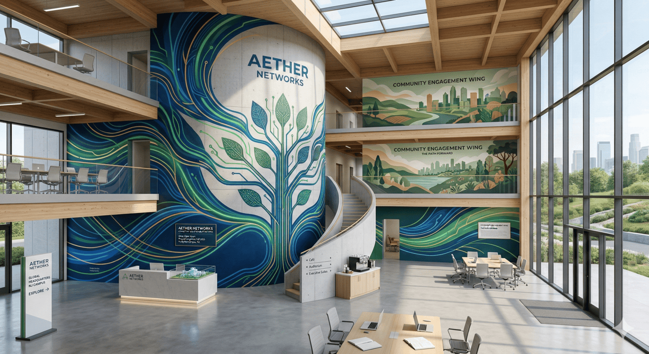 A bright, modern office lobby in Brentwood features large windows, wooden beams, and green murals of a stylized tree and cityscape. Signs read “Aether Networks” and “Community Engagement Wing.” City buildings and business printing desks are visible.