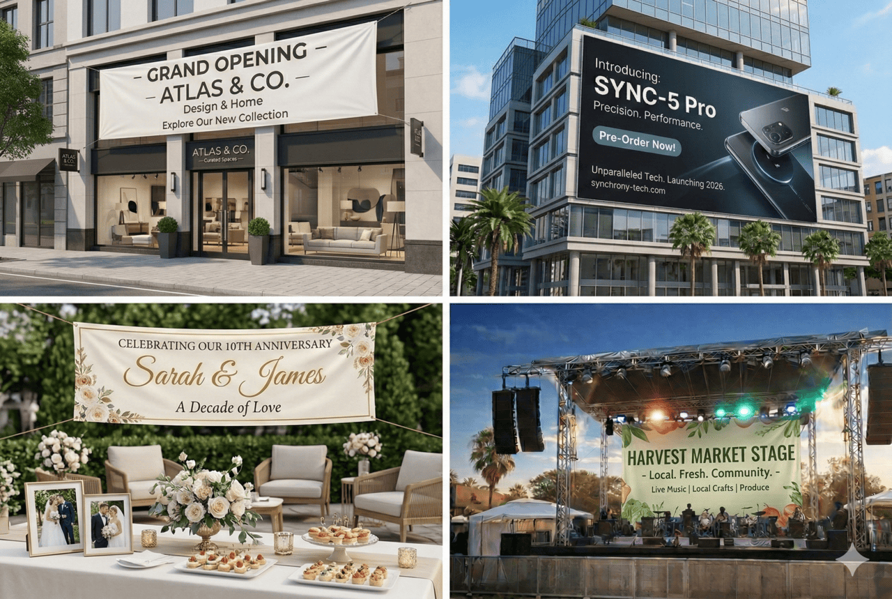 A collage of four banners: a "Grand Opening" banner on a Brentwood home store; a tech billboard for "SYNC-5 Pro" on a glass building; a floral anniversary banner for "Sarah & James"; and a "Harvest Market Stage" concert stage, all showcasing Business Printing.