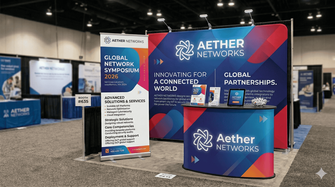 A trade show booth for Aether Networks in Brentwood displays banners about global network solutions. The booth features a blue backdrop with logos, text, and two tablets on a counter showcasing business printing materials and business cards.