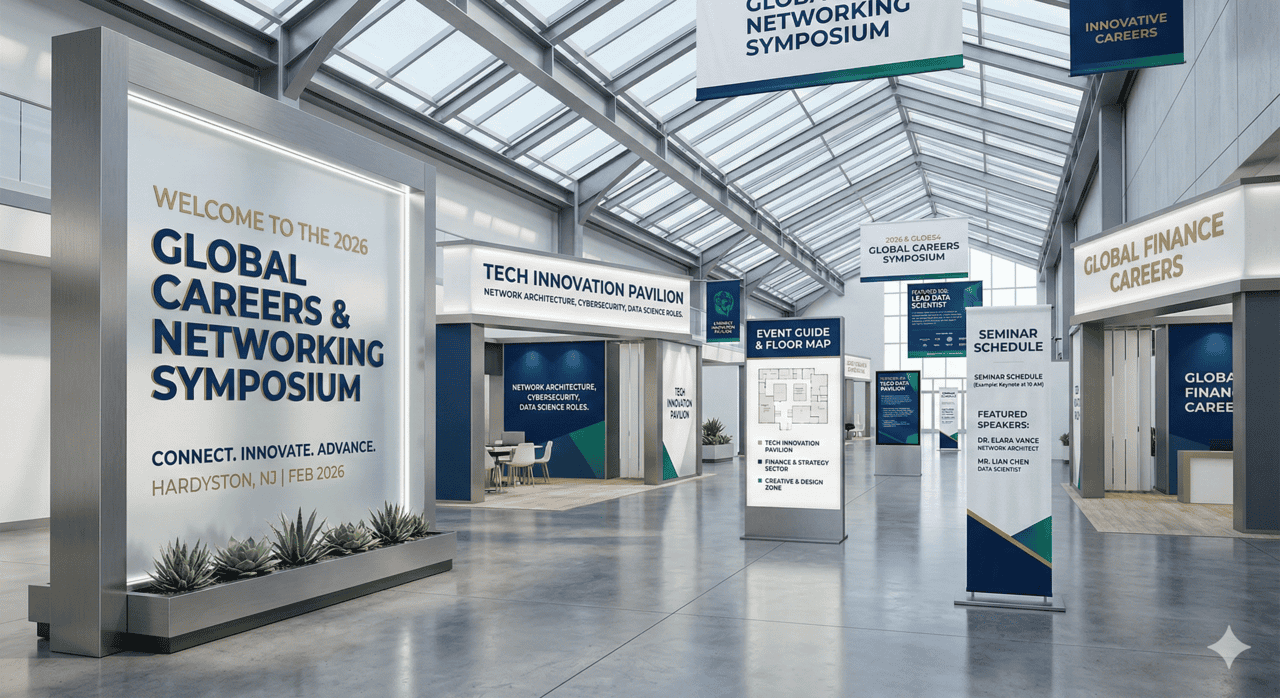 A modern, spacious convention hall in Brentwood with large signs for the 2026 Global Careers & Networking Symposium. Booths include Tech Innovation, Global Finance Careers, business printing services, event guide, seminar schedule, and seating areas.