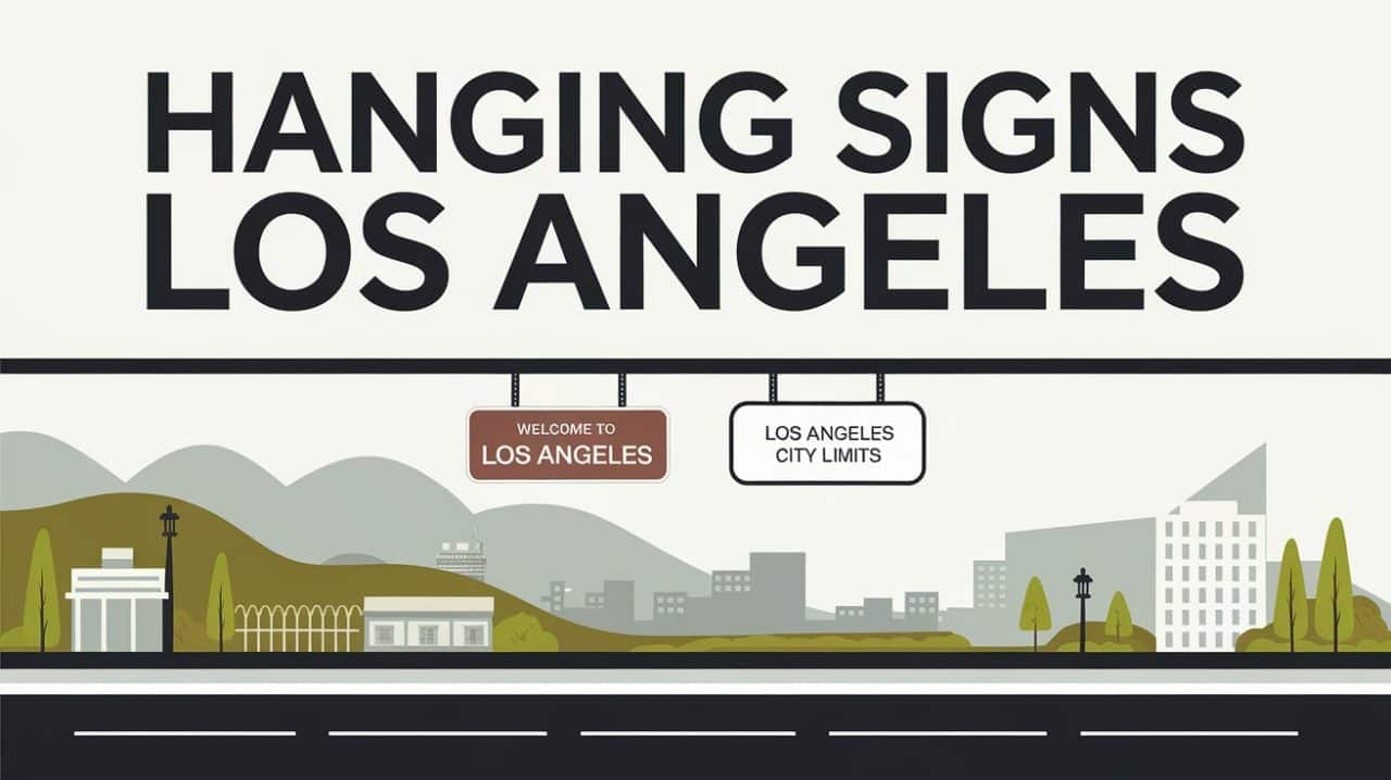 Illustration of a cityscape labeled “HANGING SIGNS LOS ANGELES,” featuring two prominent hanging signs—“WELCOME TO LOS ANGELES” and “LOS ANGELES CITY LIMITS”—set against hills, buildings, streetlights, and trees. 