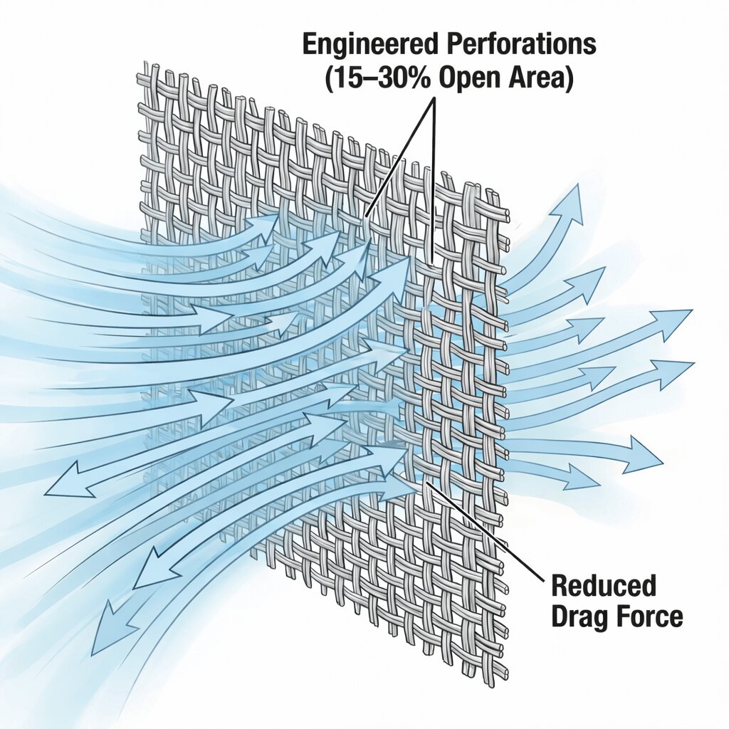 Illustration showing airflow arrows reducing drag by passing through mesh banner perforations.