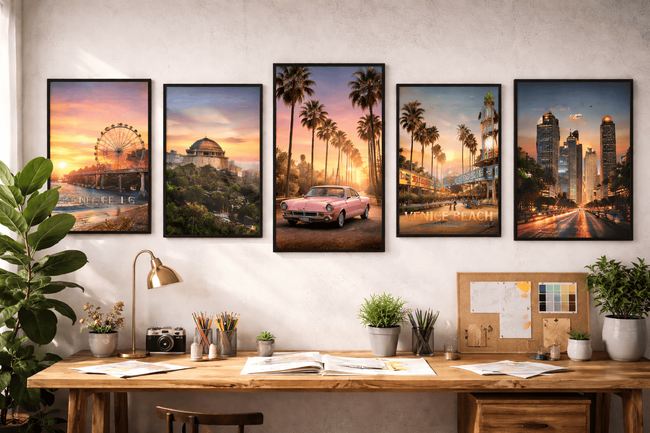 A cozy workspace with a wooden desk, houseplants, and art supplies. Above the desk, Indoor Posters showcase five vibrant, sunlit scenes of Los Angeles—a Ferris wheel, classic car, palm trees, and dynamic cityscapes.