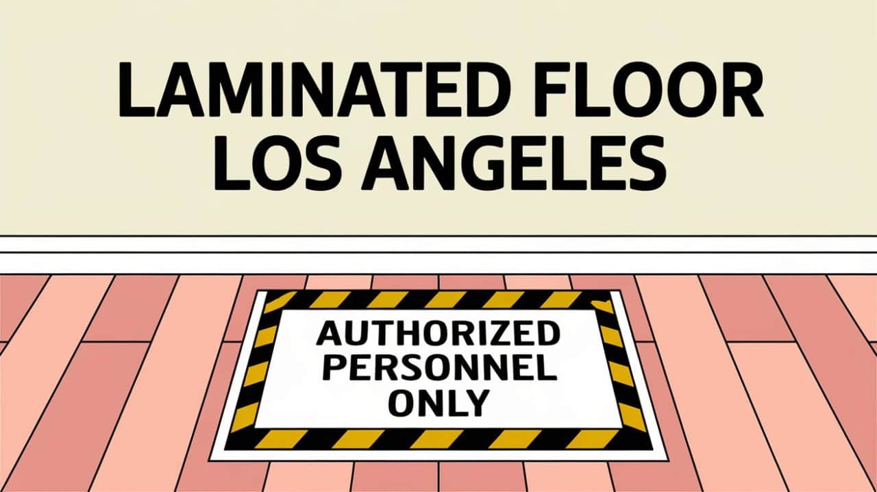 A warning sign on a laminated wooden floor reads “AUTHORIZED PERSONNEL ONLY,” bordered by yellow and black stripes. Above, large text on the wall states “LAMINATED FLOOR SIGNS LOS ANGELES.” The background is a pale beige wall.