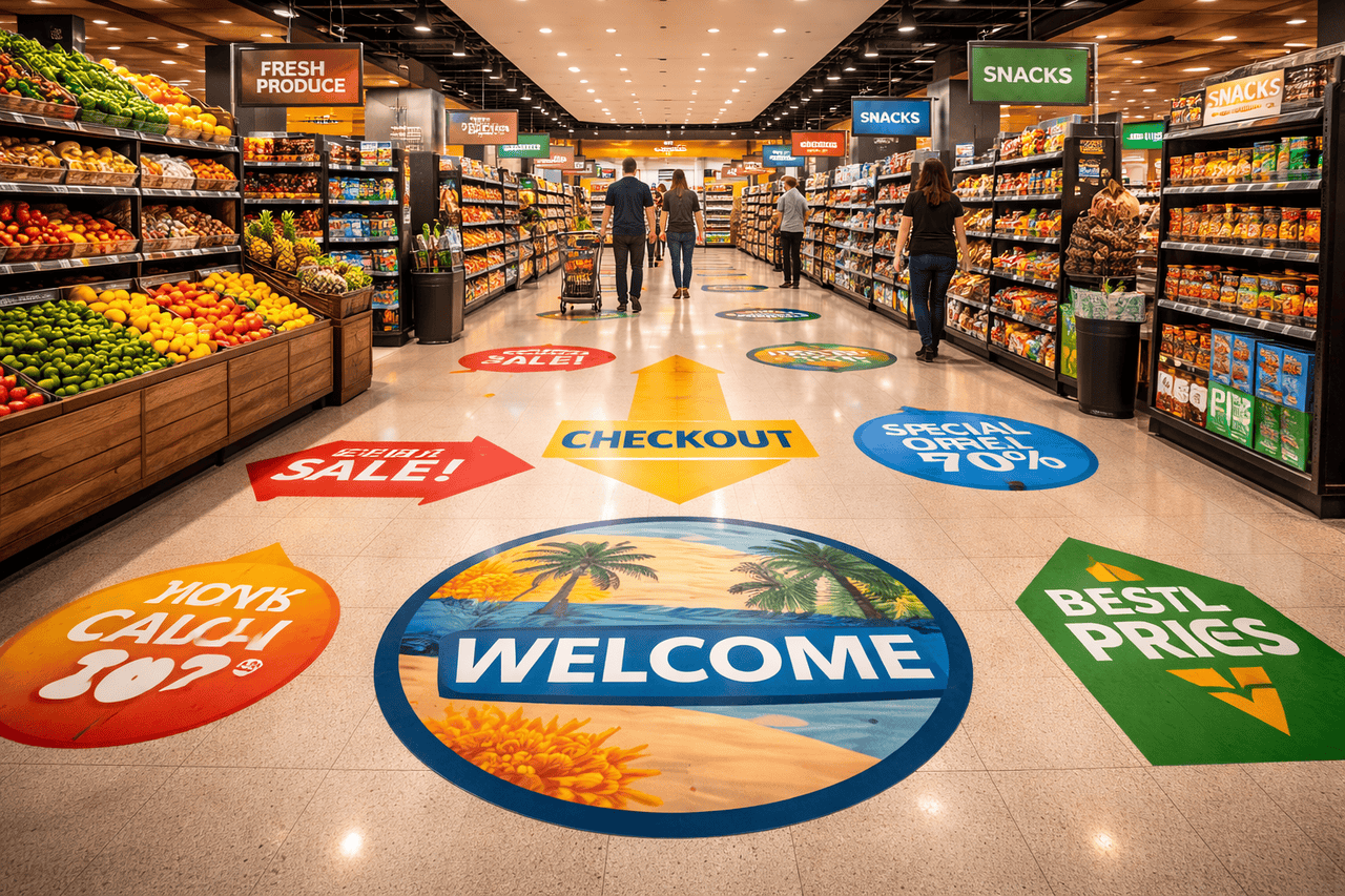 A supermarket aisle with colorful produce on the left and snacks on the right features bright Laminated Floor Signs displaying phrases like "WELCOME," "CHECKOUT," and "SPECIAL OFFER 70%." Shoppers browse under clear signs and vibrant lighting in Los Angeles.