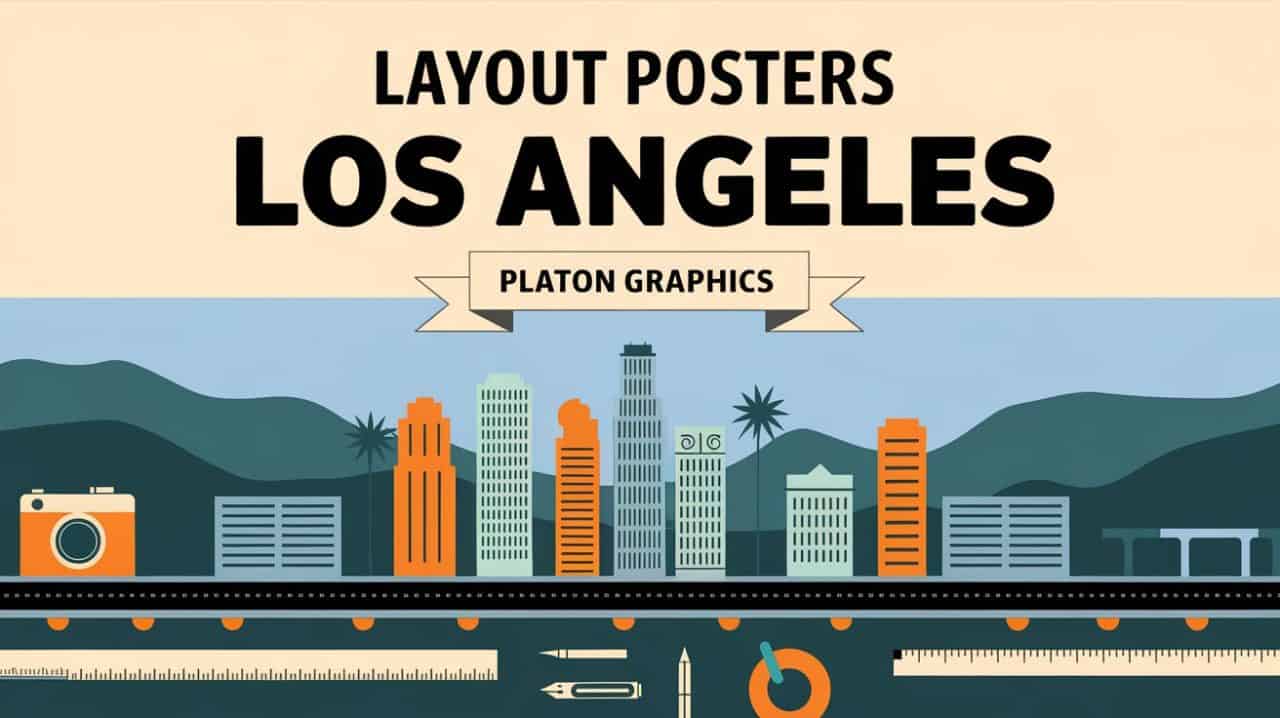 Illustration of the Los Angeles skyline with stylized buildings, palm trees, camera, and graphic design tools. Banner reads 