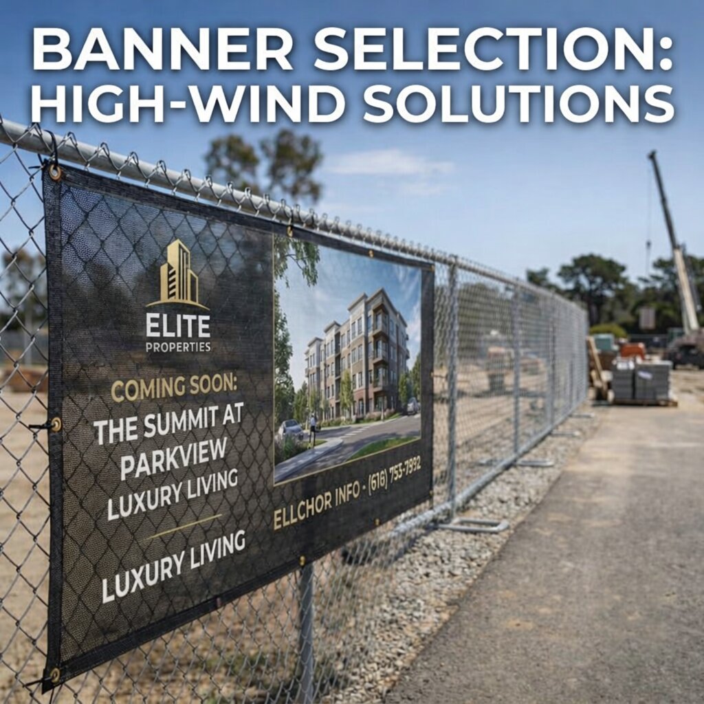 A real-world example of a mesh banner with corporate branding professionally installed on a chain-link construction fence for high-wind resistance.
