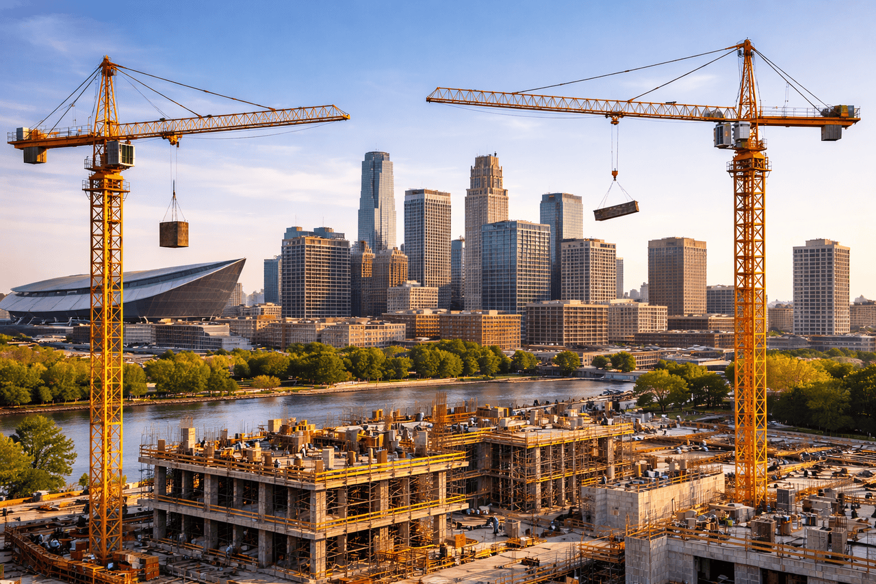 Two tall yellow cranes lift building materials above a construction site with partially built structures. In the background, a river, trees, and a city skyline with modern high-rises are visible under a clear blue sky at sunset.