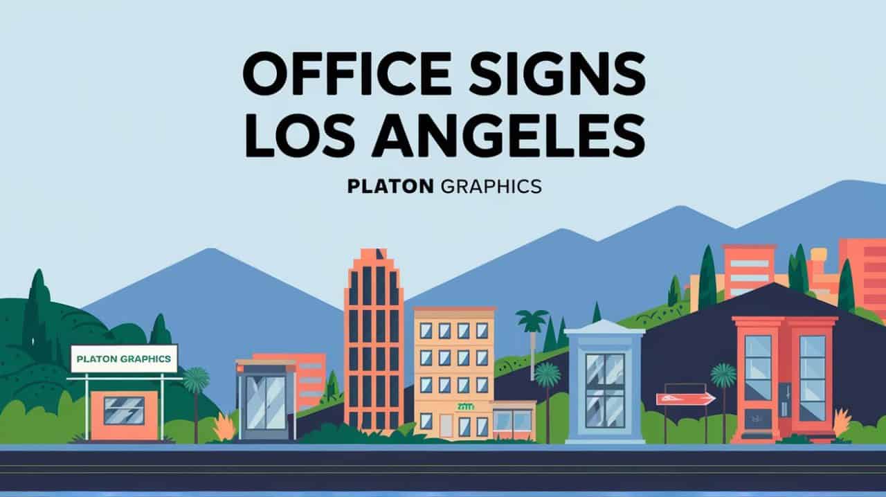 Illustration of a Los Angeles cityscape featuring buildings, palm trees, and mountains. Large text reads “OFFICE SIGNS LOS ANGELES” above “PLATON GRAPHICS,” with a building sign also displaying “PLATON GRAPHICS.” Perfect for office signs in Los Angeles. 